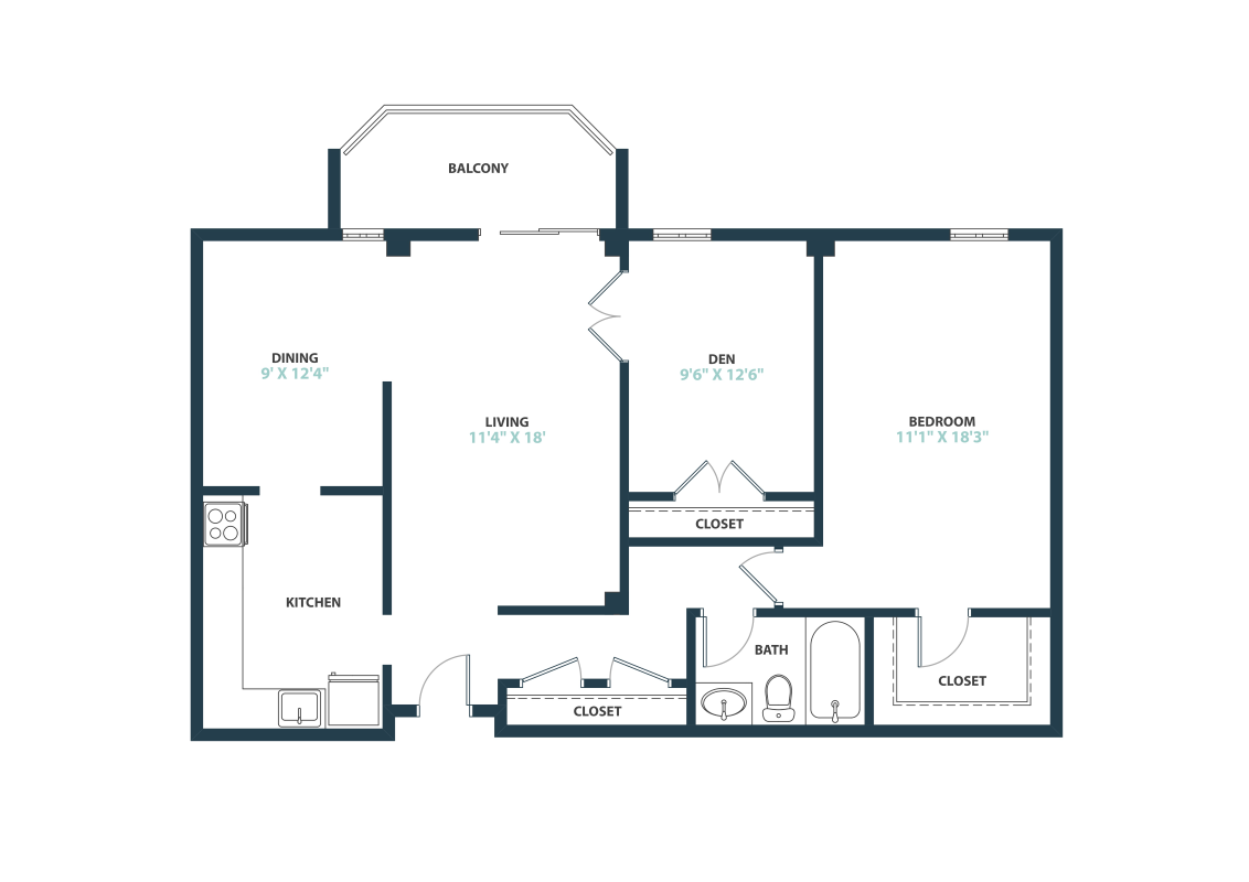 Floor plan for 1 bed, 1 bath, 1000 sqft